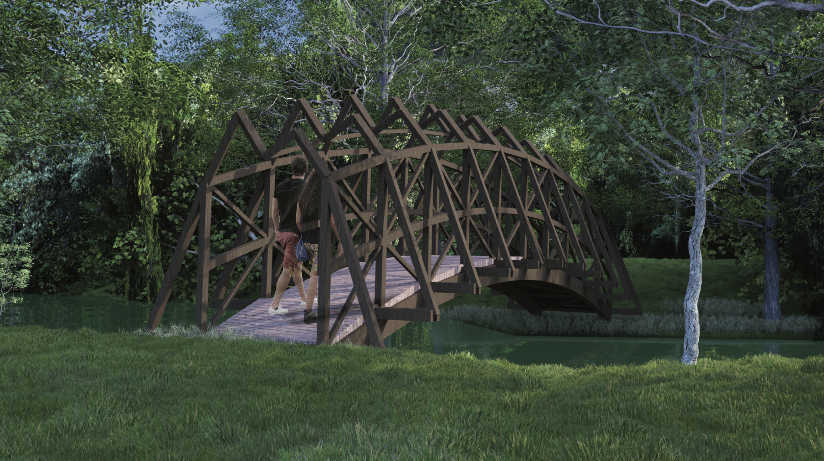 3D model mostu pro pěší a cyklisty s rozpětím 18 metrů a dřevěnými oblouky